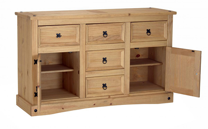 Corona 2 Door 5 Drawer Sideboard In Distressed Waxed Pine